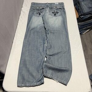 VO Denim Jeans Mens 38x32 Blue Light Wash Relaxed Wide Leg Embroidered Denim